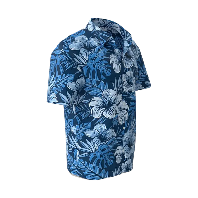 Concrete short-sleeve shirt with blue hibiscus print, side