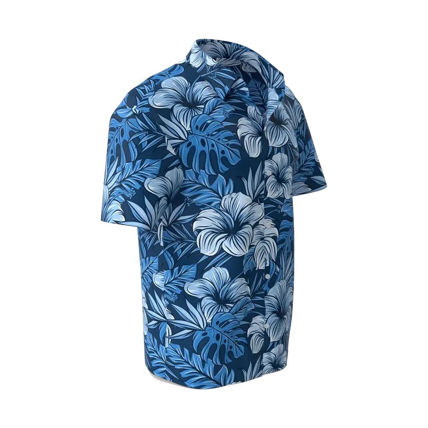 Concrete short-sleeve shirt with blue hibiscus print, side