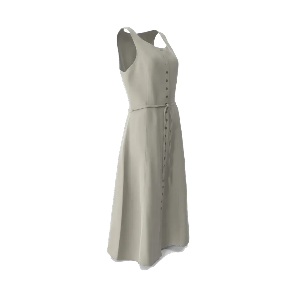 Mobaco stone-coloured linen-blend button-front midi dress, angled view