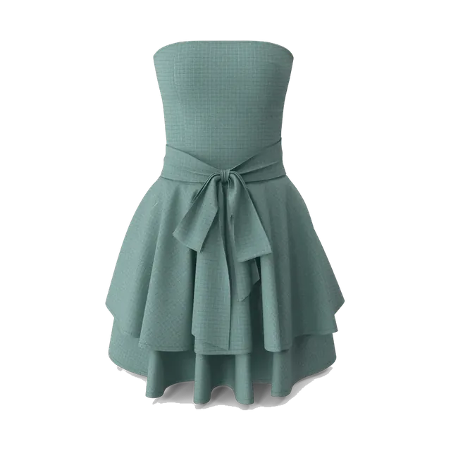 Koton sage-green strapless tiered dress with tie belt, front