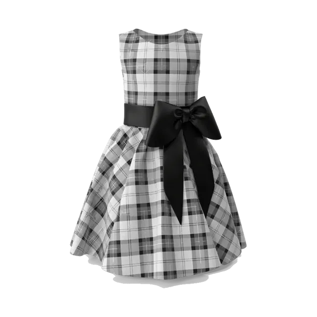 Girls' black and white tartan party dress with black bow, front