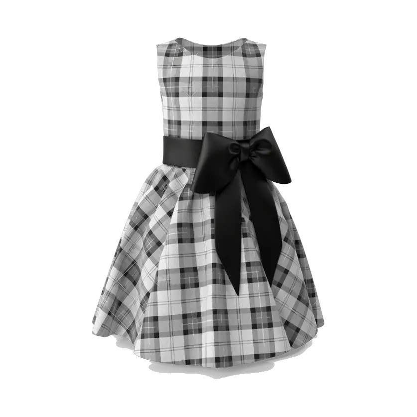 Girls' black and white tartan party dress with black bow, front
