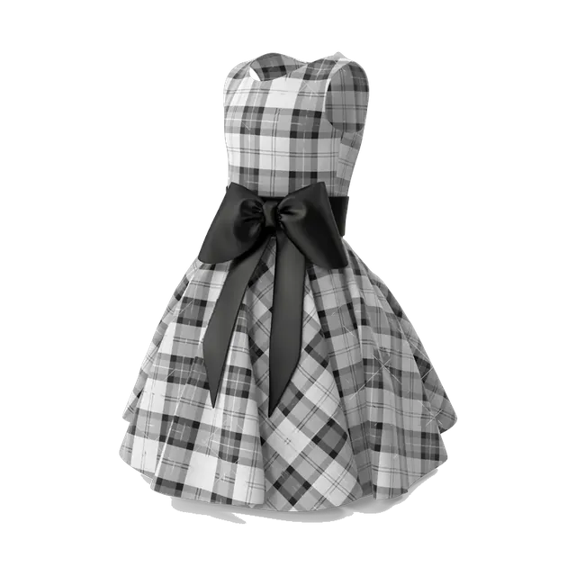 Girls' black and white tartan party dress with black bow, angled view