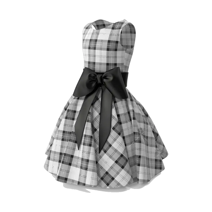 Girls' black and white tartan party dress with black bow, angled view