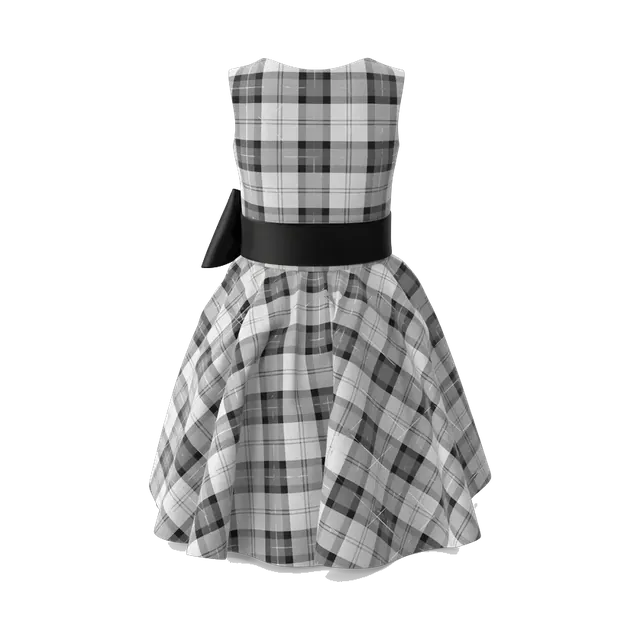 Girls' black and white tartan party dress with black bow, back