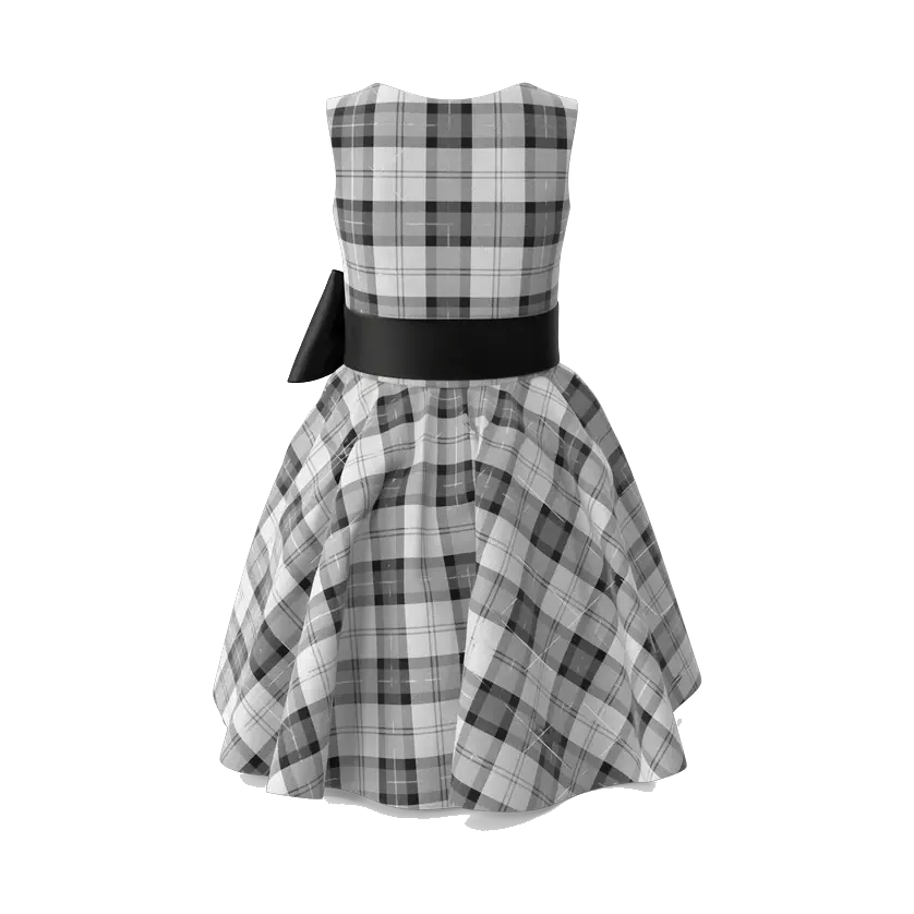 Girls' black and white tartan party dress with black bow, back