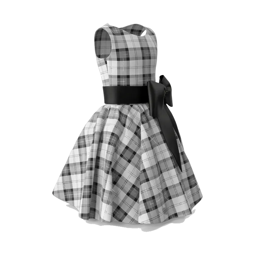 Girls' black and white tartan party dress with black bow, side
