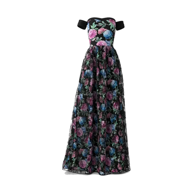 Andora black floral jacquard off-shoulder evening gown, front