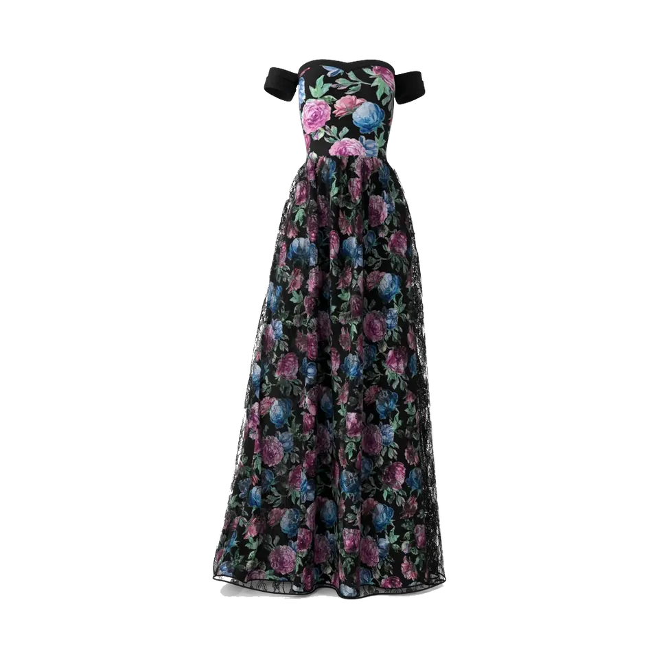 Andora black floral jacquard off-shoulder evening gown, front