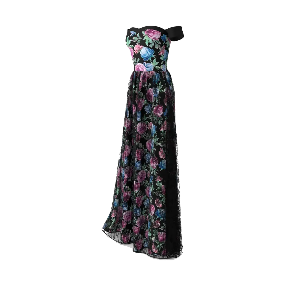 Andora black floral jacquard off-shoulder evening gown, side