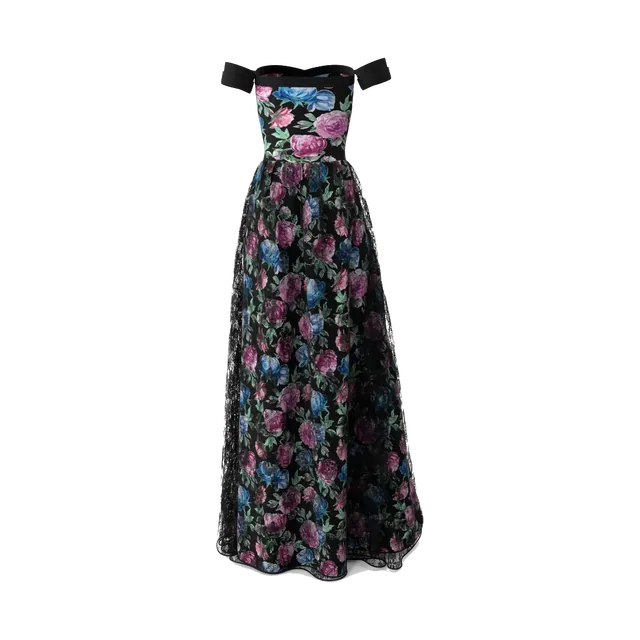 Andora black floral jacquard off-shoulder evening gown, back