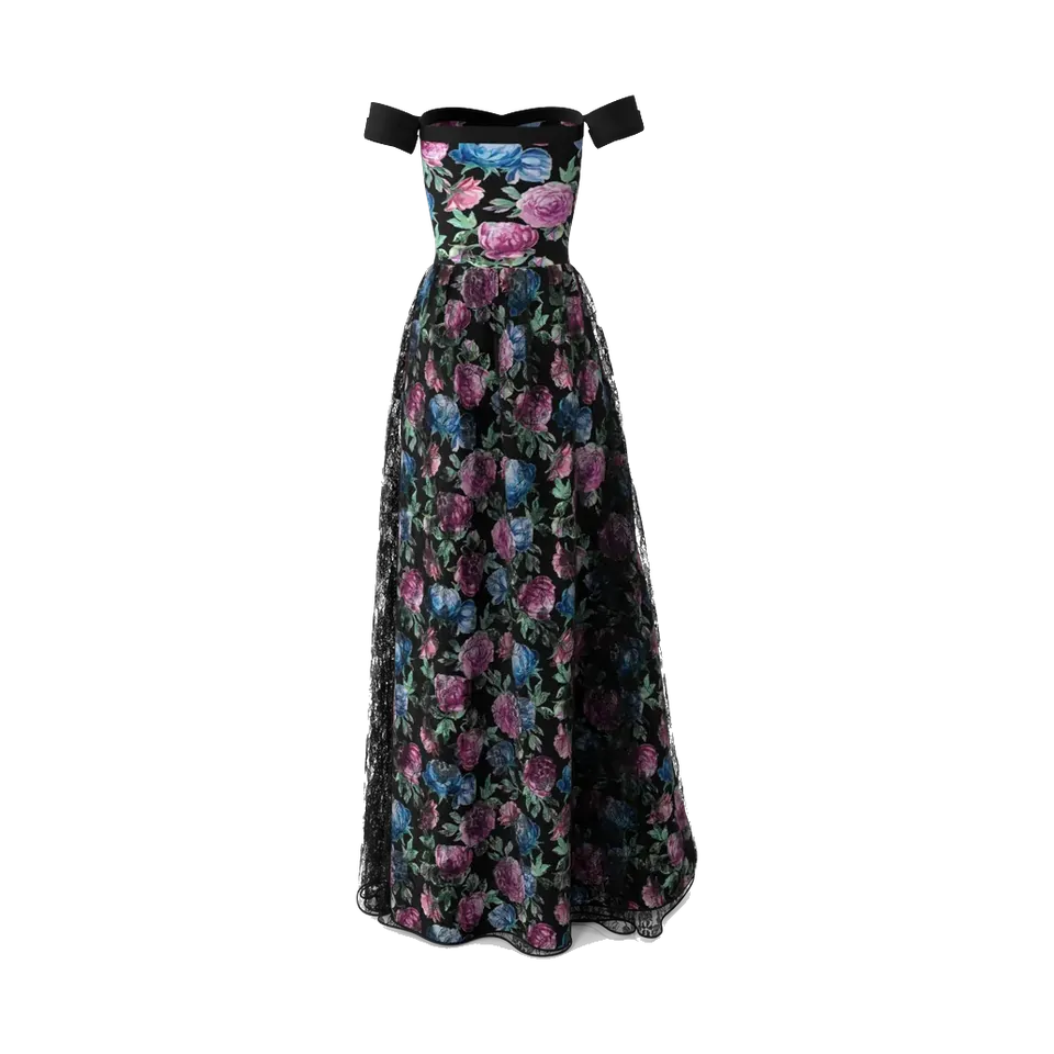 Andora black floral jacquard off-shoulder evening gown, back