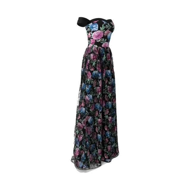Andora black floral jacquard off-shoulder evening gown, angled view