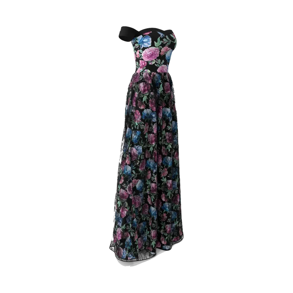 Andora black floral jacquard off-shoulder evening gown, angled view