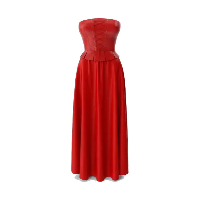 Faux-leather corset and satin maxi skirt set, in red, front