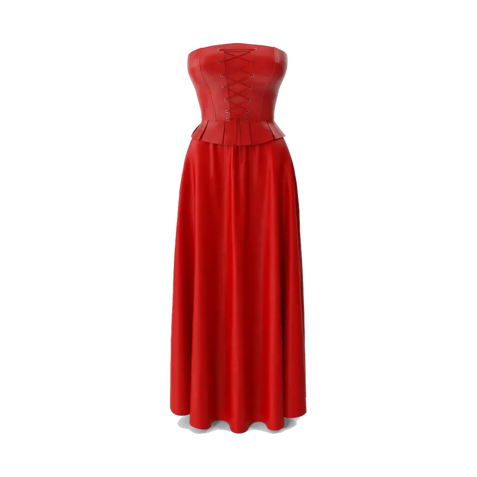 Faux-leather corset and satin maxi skirt set, in red, front