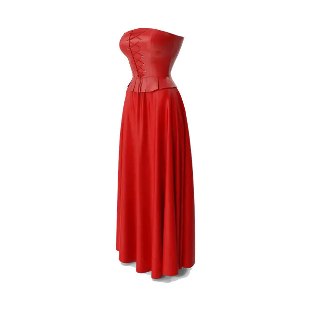 Faux-leather corset and satin maxi skirt set, in red, side