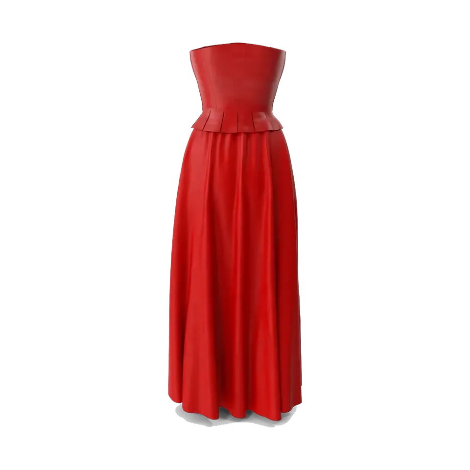 Faux-leather corset and satin maxi skirt set, in red, back