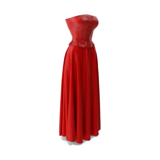 Faux-leather corset and satin maxi skirt set, in red, angled view