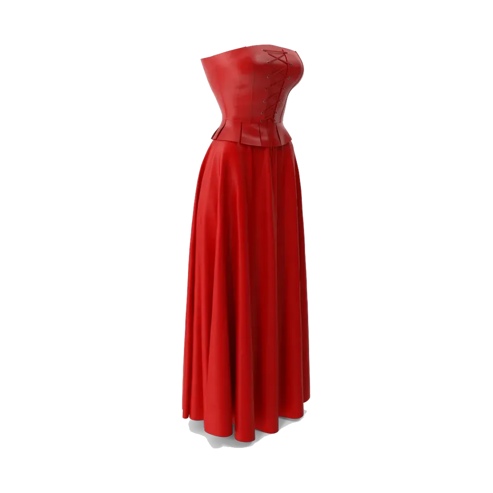 Faux-leather corset and satin maxi skirt set, in red, angled view
