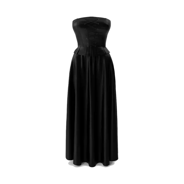 Faux-leather corset and satin maxi skirt set, in black, front