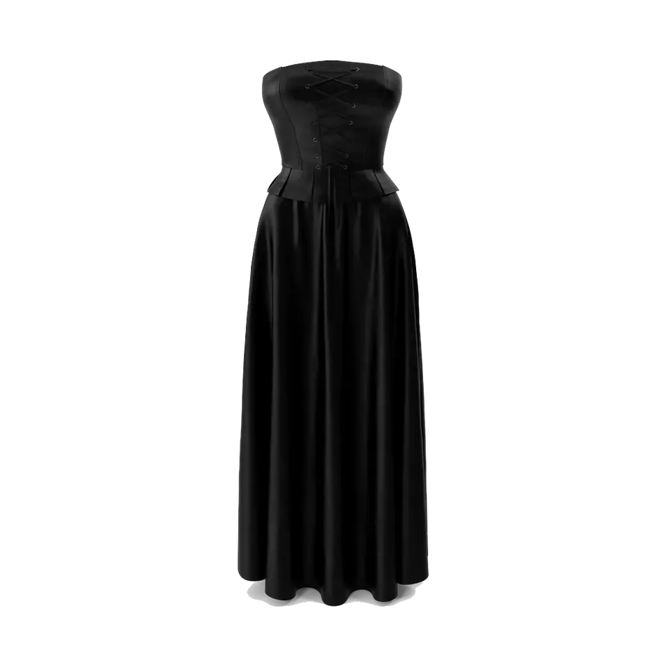 Faux-leather corset and satin maxi skirt set, in black, front