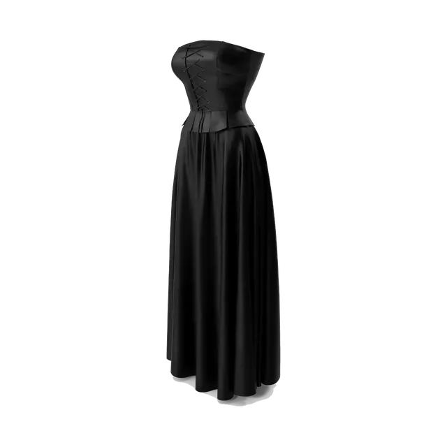Faux-leather corset and satin maxi skirt set, in black, side