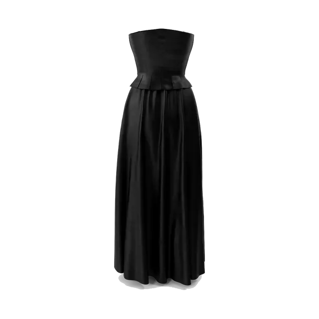 Faux-leather corset and satin maxi skirt set, in black, back