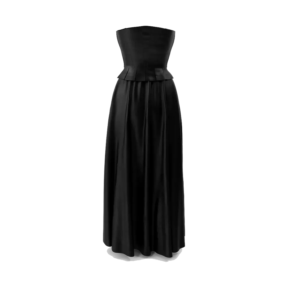 Faux-leather corset and satin maxi skirt set, in black, back