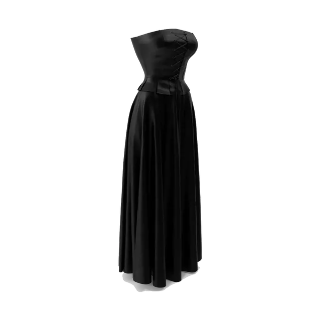 Faux-leather corset and satin maxi skirt set, in black, angled view