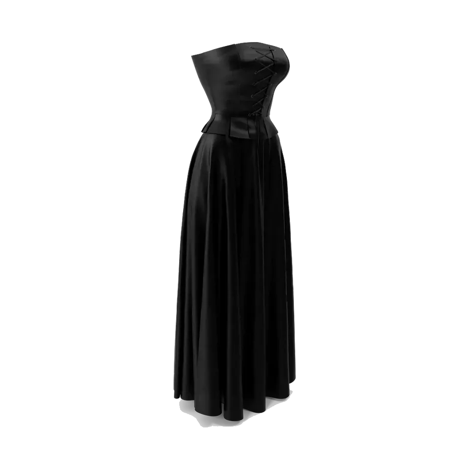 Faux-leather corset and satin maxi skirt set, in black, angled view
