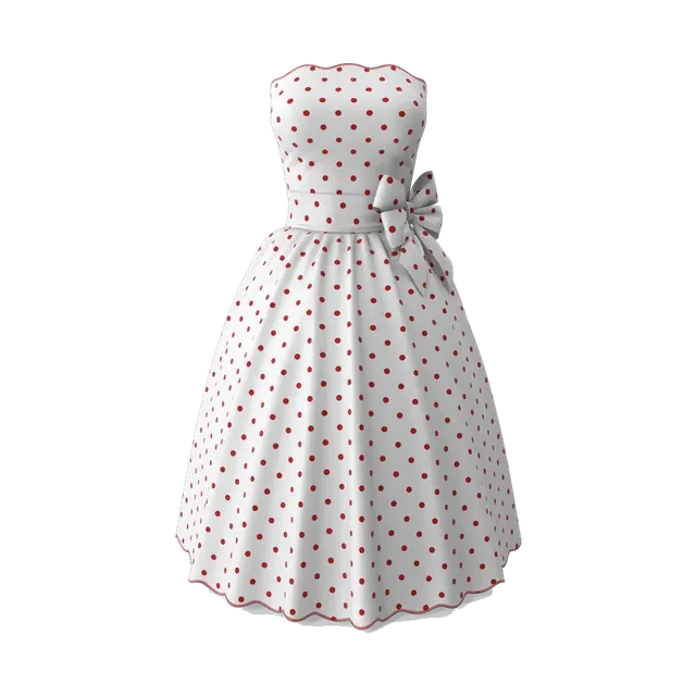 White strapless midi dress with red polka dots, front