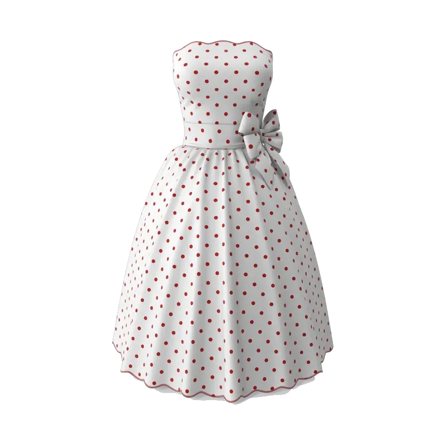 White strapless midi dress with red polka dots, front