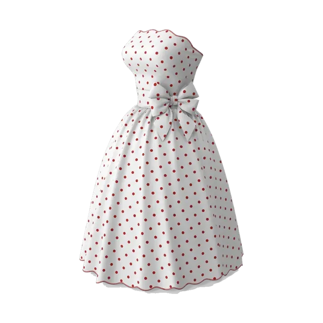 White strapless midi dress with red polka dots, angled view
