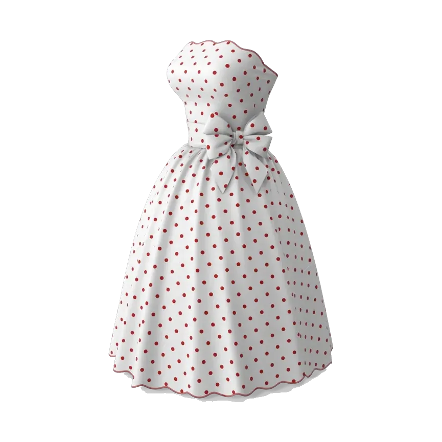 White strapless midi dress with red polka dots, angled view