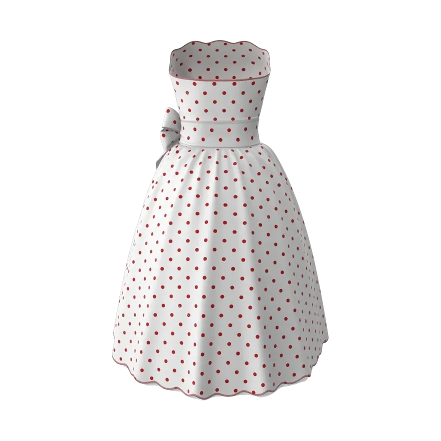 White strapless midi dress with red polka dots, back