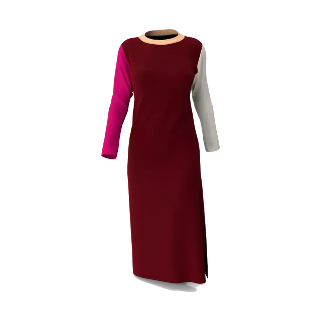 Burgundy colour-block maxi dress with fuchsia and cream sleeves, front