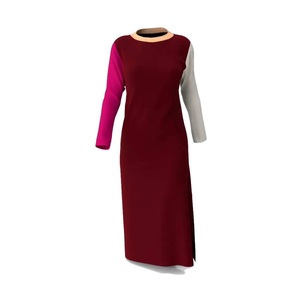 Burgundy colour-block maxi dress with fuchsia and cream sleeves, front