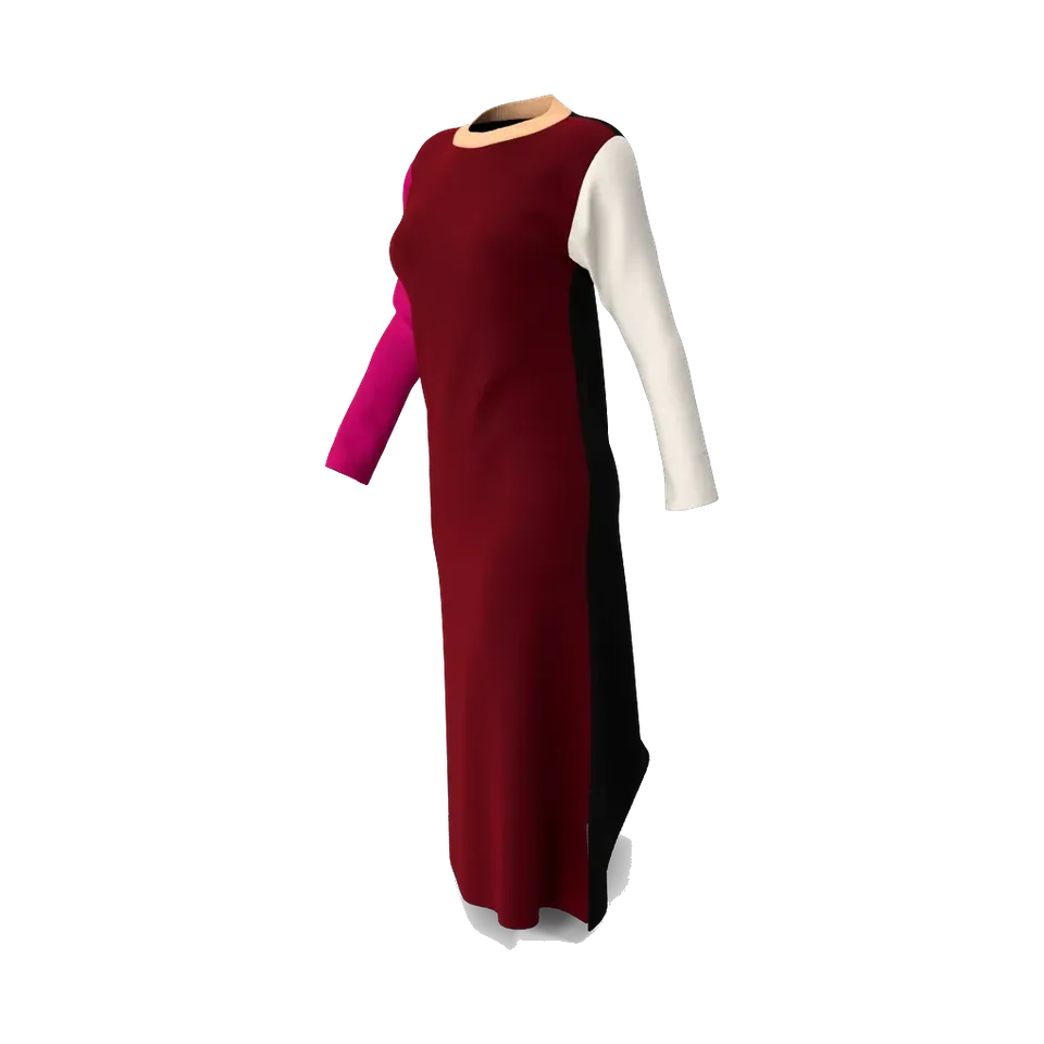 Burgundy colour-block maxi dress with fuchsia and cream sleeves, angled view