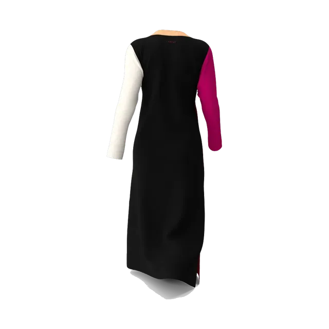 Burgundy colour-block maxi dress with fuchsia and cream sleeves, back