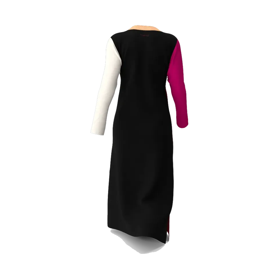 Burgundy colour-block maxi dress with fuchsia and cream sleeves, back