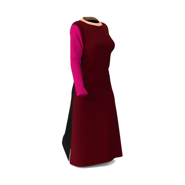Burgundy colour-block maxi dress with fuchsia and cream sleeves, side