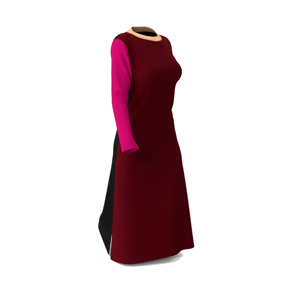 Burgundy colour-block maxi dress with fuchsia and cream sleeves, side
