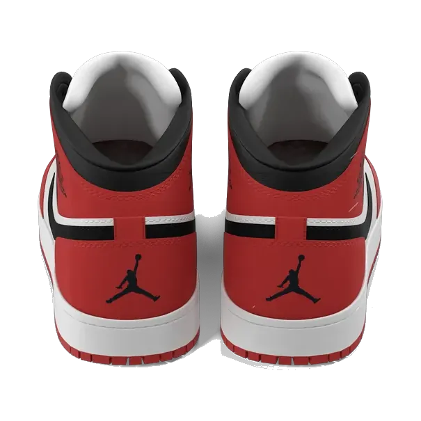 Nike Air Jordan 1 Mid in white, red and black, pair from the back