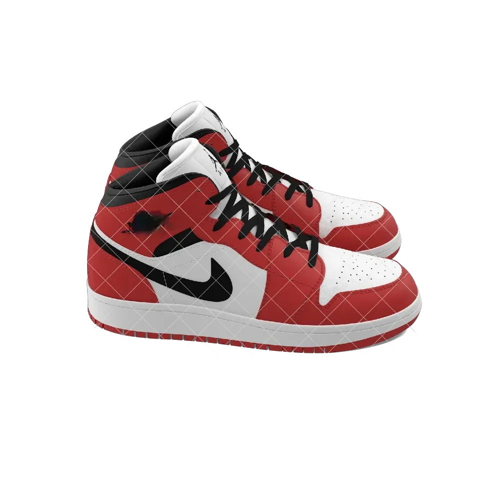 Nike Air Jordan 1 Mid in white, red and black, pair at an angle