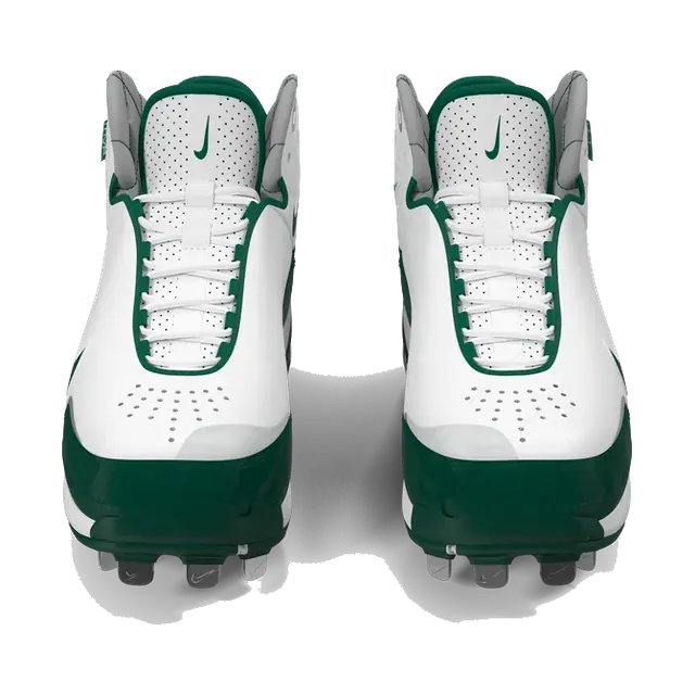 Nike Alpha Huarache baseball cleats in white and green, pair from the front