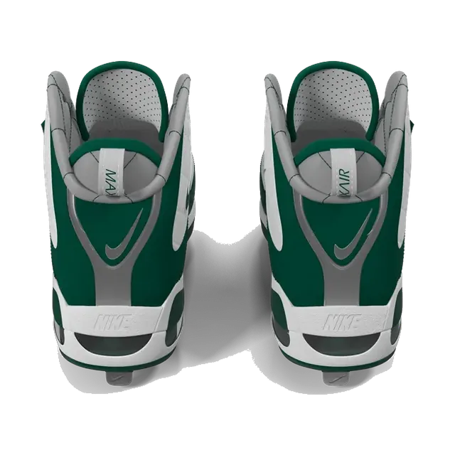 Nike Alpha Huarache baseball cleats in white and green, pair from the back