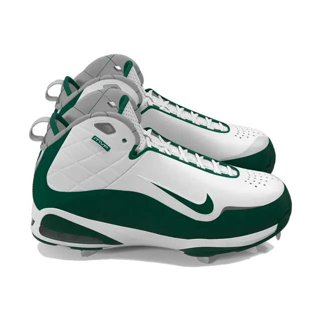 Nike Alpha Huarache baseball cleats in white and green, pair at an angle