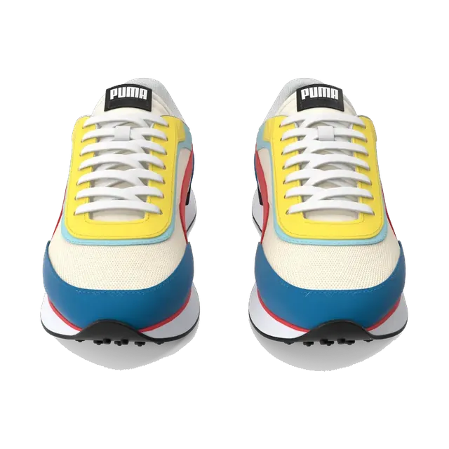 PUMA Future Rider sneakers in white, blue, red and yellow, pair from the front
