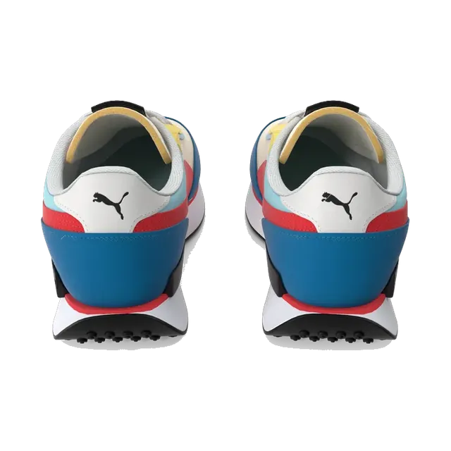 PUMA Future Rider sneakers in white, blue, red and yellow, pair from the back